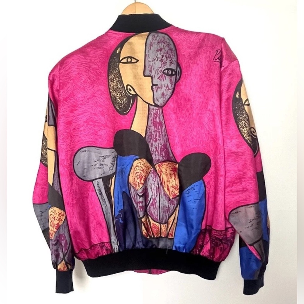 Abstract vintage Picasso Art Pink Bomber Jacket satin polyester